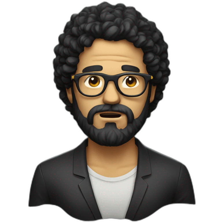 angry men with black curly hair and beard and golden glasses in black emoji