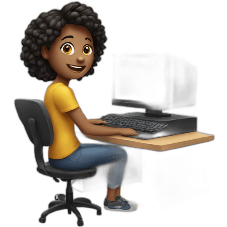 An white enthusiastic young artist and behind her computer emoji