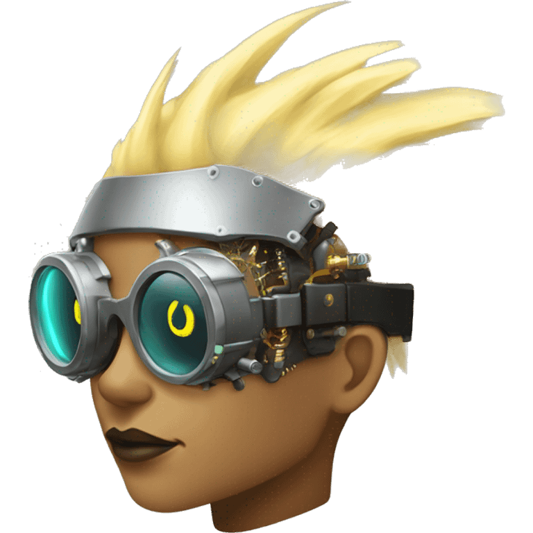 Light yellow Mohawk hair female cyborg head, dark skin, steampunk goggles and circuits emoji