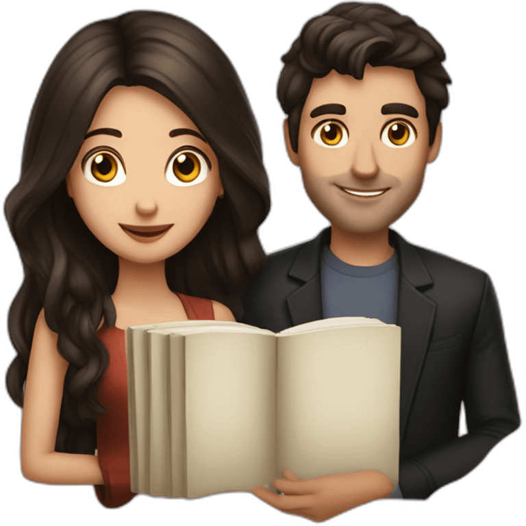 a brunette guy and long dark hair lady with a book emoji