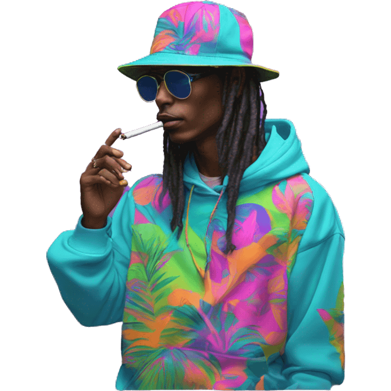 Multicoloured neon person smoking wearing patchwork patterned hippie groove hoodie dancing hip hop bucket hat tropical Skater fashion aesthetic baggy clothes graphic t shirt 420 emoji