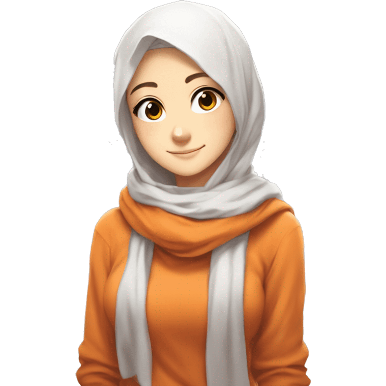 anime girl hijab sweet white skinned peanime female adventurer in orange sweater aangles right angle emoji