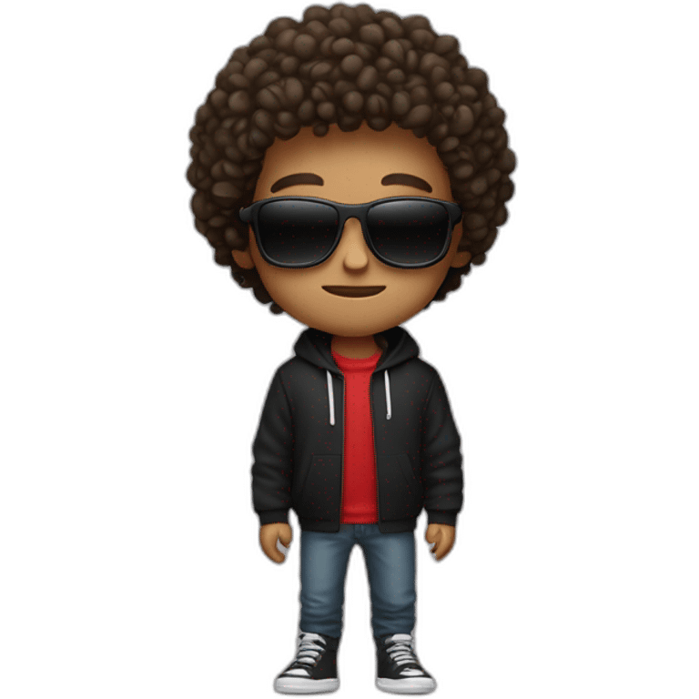 Square-jawed boy with curly hair and a degrade, wearing black sunglasses and a red hoodie. emoji