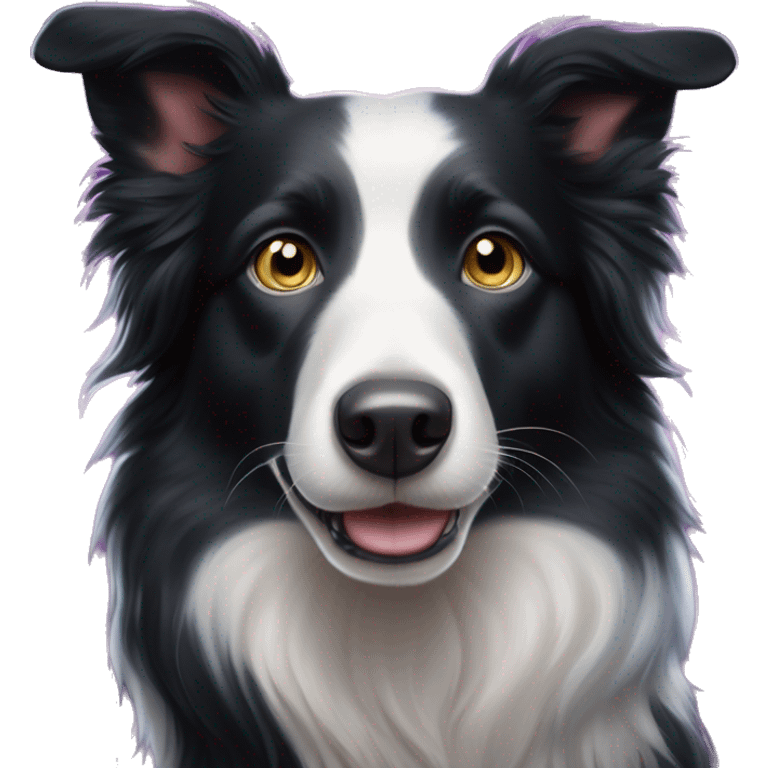 The eyes of the enchanted black and white Border Collie glow with magical colours and sparkling stars. emoji