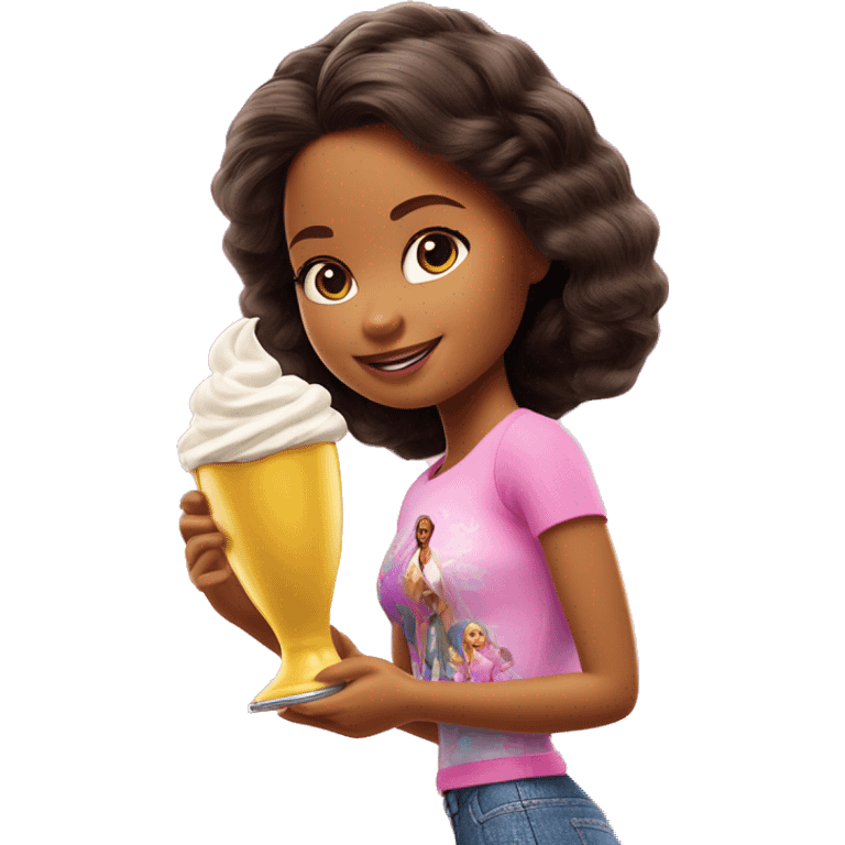 Chica pelo liso vestida de patinadora ( de la pelicula de Barbie del 2023), bebiendo chupitos o en su defecto una copa emoji