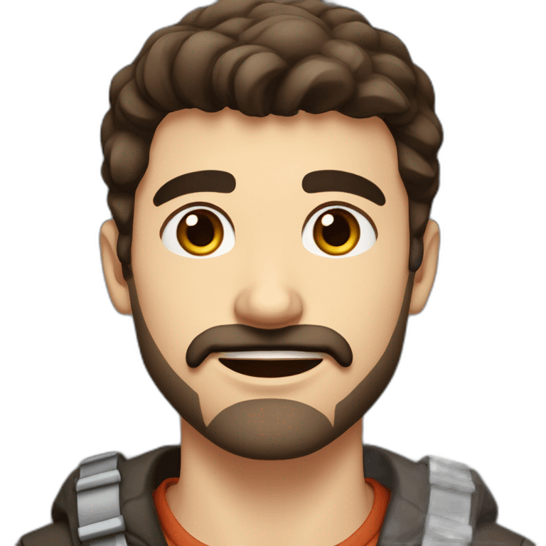 A young Caucasian man with dark brown eyes, almond-shaped eyes, short dark brown hair, and a small dark brown beard with a more prominent mustache. emoji