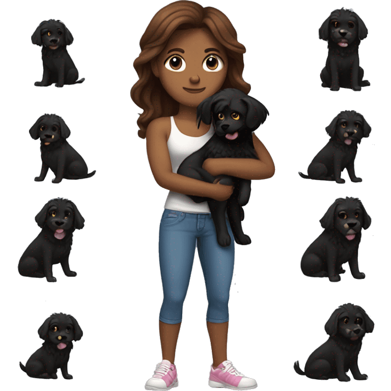 Long brown haired muscular woman holding fluffy black dog emoji