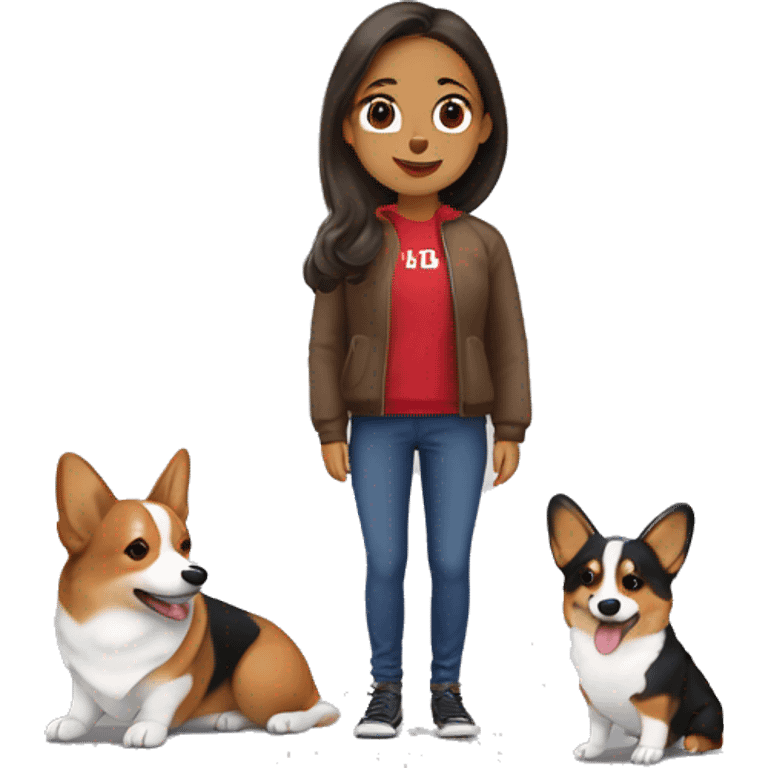 Une fille brune avec un corgi tricolore emoji