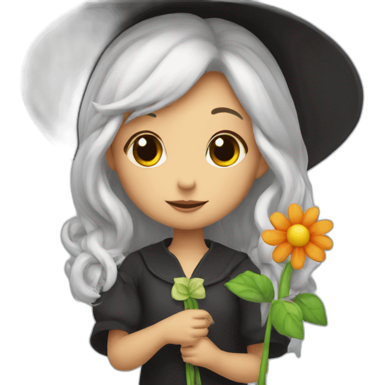 a cute little witch with a flower in her hand. emoji