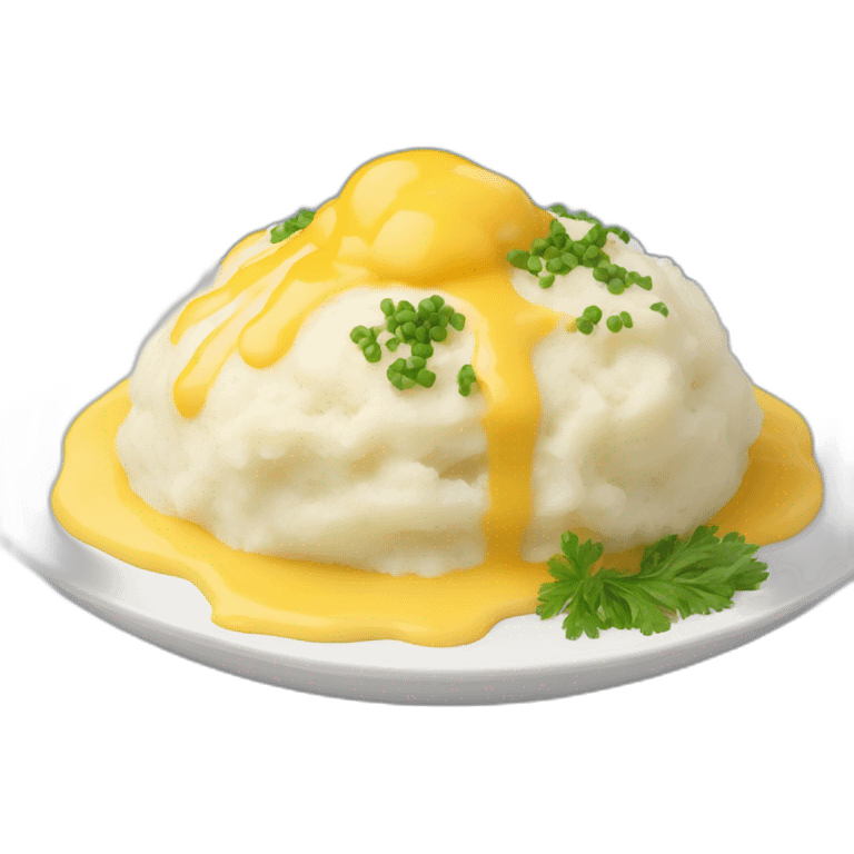 plate of mashed potatoes. side view. it is topped with blue and yellow sauce  emoji