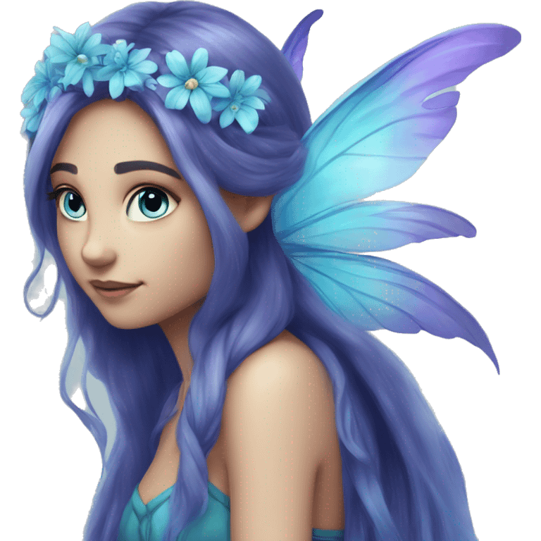 Beautiful,blue flower, fairy, blue, turqoise, silver, purple, long hair, big wings emoji