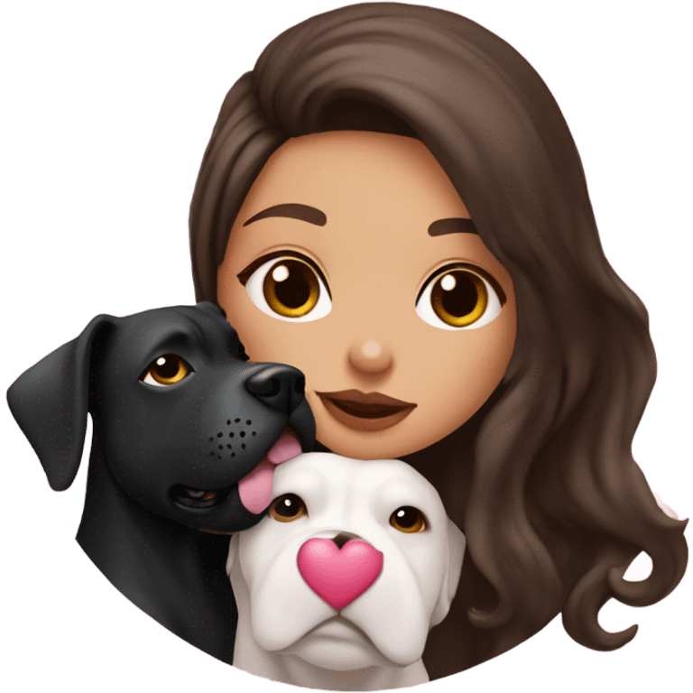 Brunette kissing big black pitbull dog, pink hearts emoji