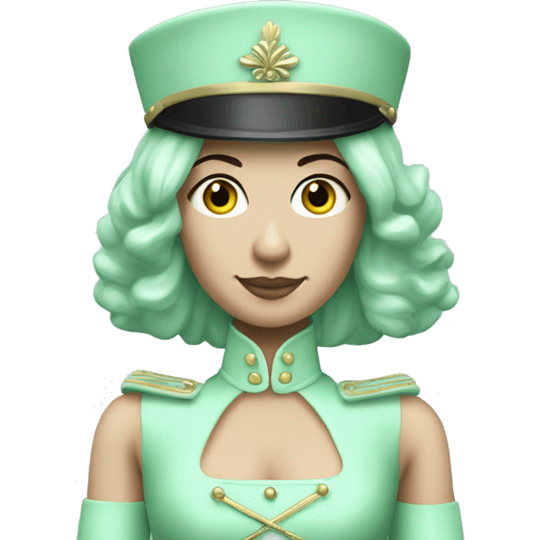 Realistic full length woman coquette Caucasian pastel mint green nutcracker soldier with mint hair. emoji