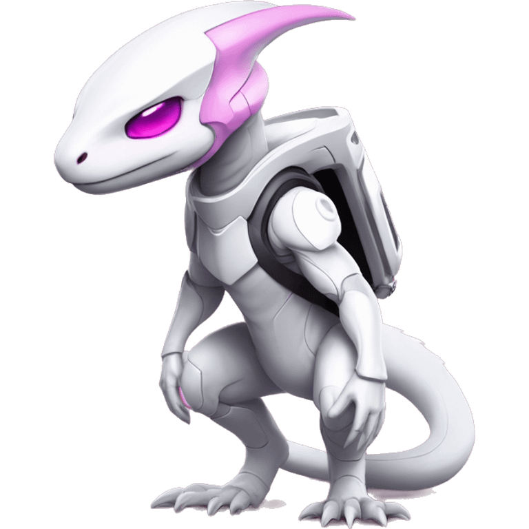 White Lizard-Reptile-Raptor-Alien-Genesect-Mewtwo-Fakémon, with pink eyes, with a futuristic visor-helmet, wearing a techwear-suit, Full Body emoji