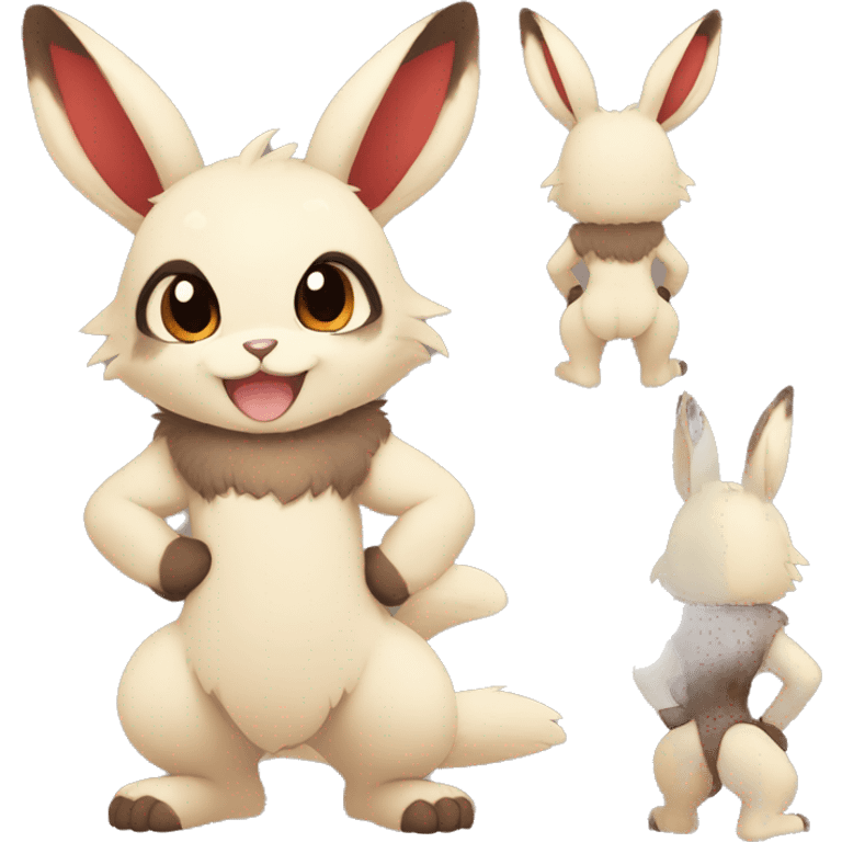 Cute, Chibi, Kemono-style, Anthro, Fur-Sona, Dark-Brown, Normal-type-Ground-type Tan-Rabbit-Fakémon with Dark-Red eyes, beige belly, beige paws, beige feet, beige freckles, full body emoji