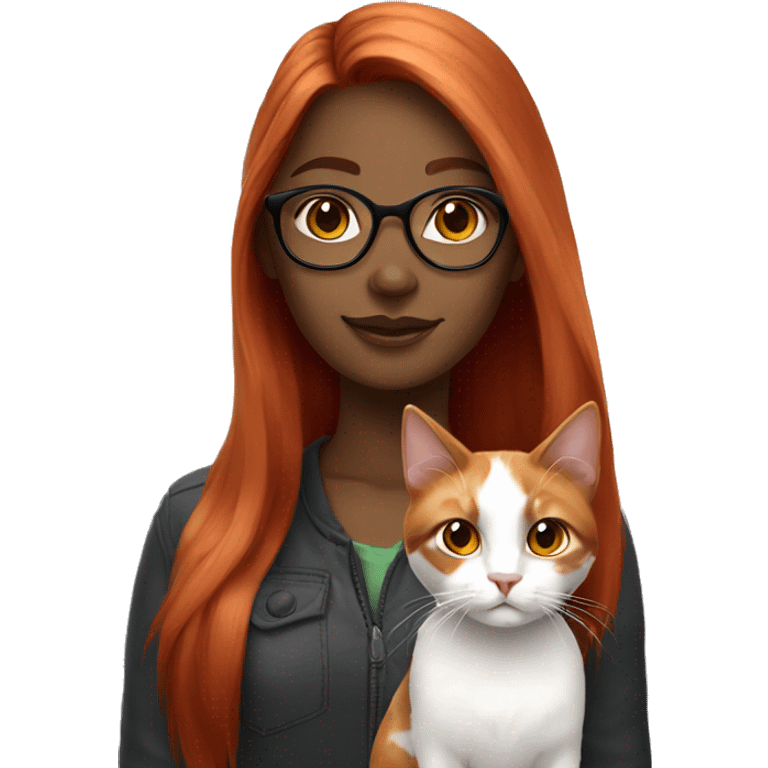 White Red head girl with glasses holding long-haired calico cat emoji