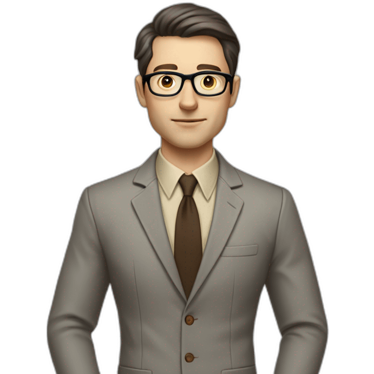 Full height Actively Gesturing Pale skinned fit man with dark brown hair in gray jacket, beige office shirt, brown tie, brown pants and vintage glasses. emoji