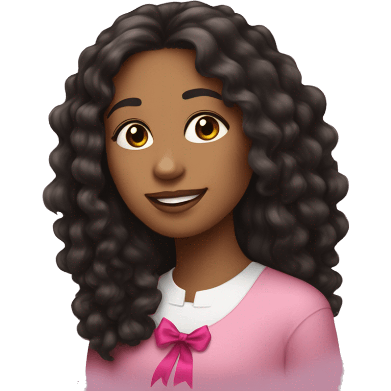 pretty brown woman with long mid length black curly hair with pink ribbon with bible  emoji