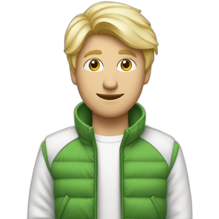 een man met witte tanden en een groene jas aan en kort blond haar heeft en een spijker broek aan heeft met paarse schoenen met witte strepen emoji