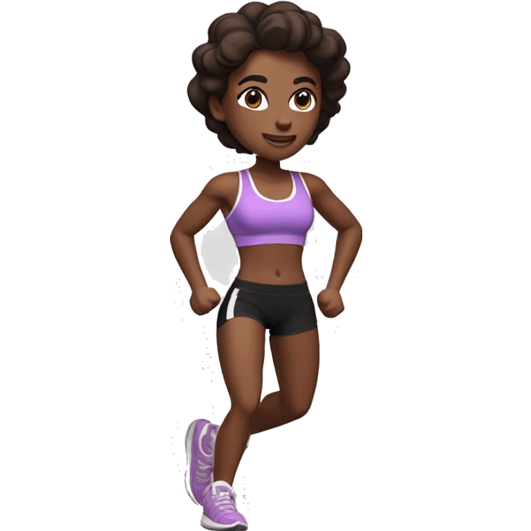 Running slim abs girl, paler white skin, brown hair, black sports bra, black shorts, lilac trainers emoji