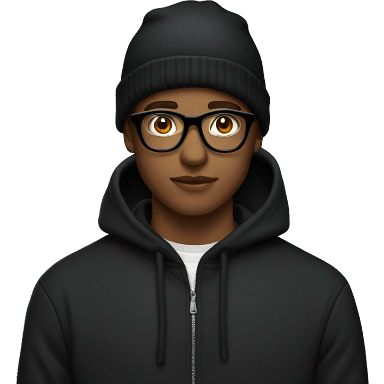 A 17 year old man with a black hoodie, black beane hat and par off glasses make it in style of apple emoji emoji