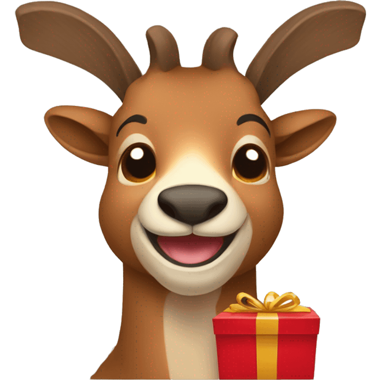 happy smiling brown chamois holding red gift emoji