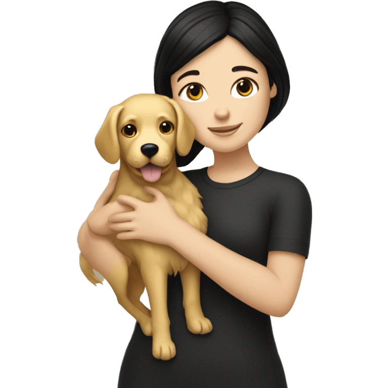 White girl with black hair hugging golden dog emoji