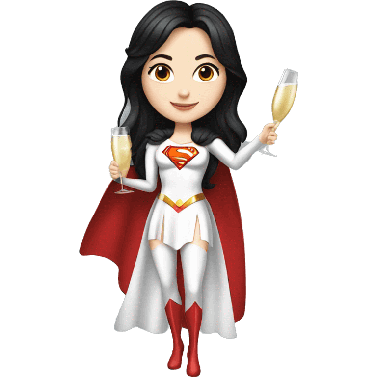 White girl in a superwoman costume with long black hair holding a champagne bottle realistic  emoji