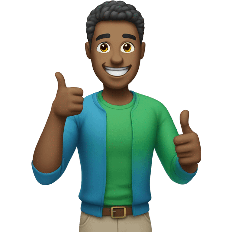 happy guy with blue and green clothes shows thumbs up emoji