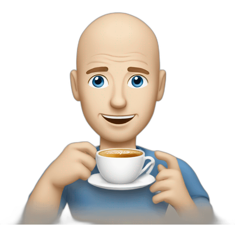 White man with bald head and blue eyes drinking cappuccino emoji