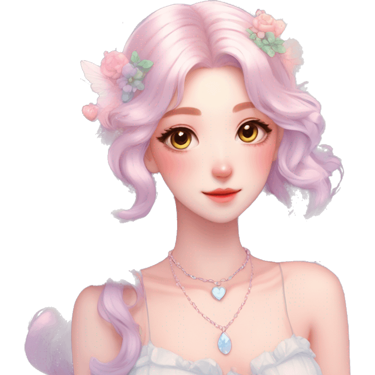 Gorgeous pastel anime style lady with blushing face and angel wings necklace cottagecore fairycore pastelcore colorful pearly romantic simplistic aesthetic trending style emoji