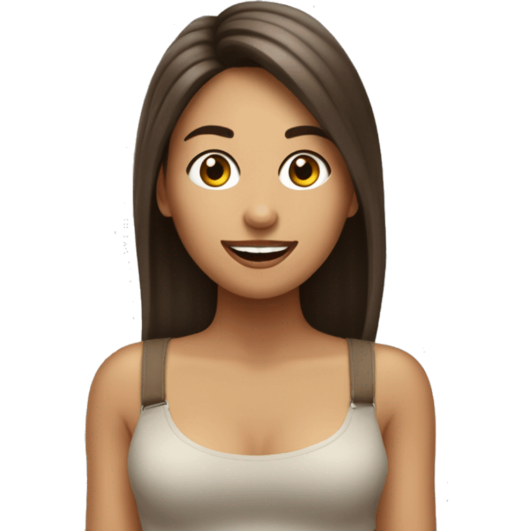 Crea una chica blanca cabello marrón comiendo emoji