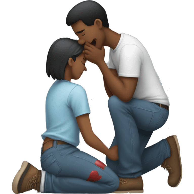 A man kneeling and crying while trying to repair his girlfriend's broken heart. The heart should be depicted as a broken emoji heart, emphasizing the emotional scene. emoji