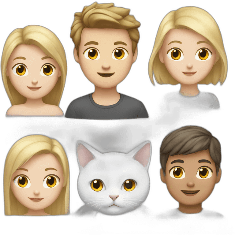 blond white girl, brunette white boy, white cat, grey cat emoji