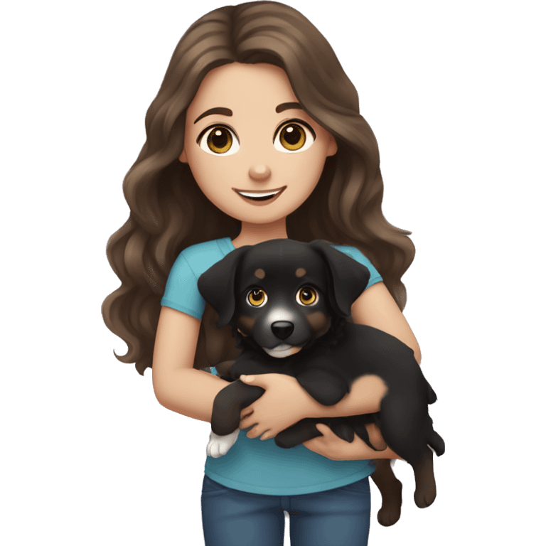 girl with brown hair and blue eyes holding black australian shepherd puppy emoji