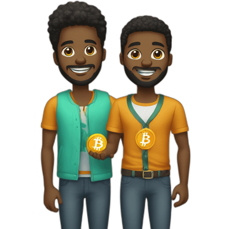 Two young black men in their 20’s with beards and on a low cut shaking hands with Bitcoin token in their hands  emoji