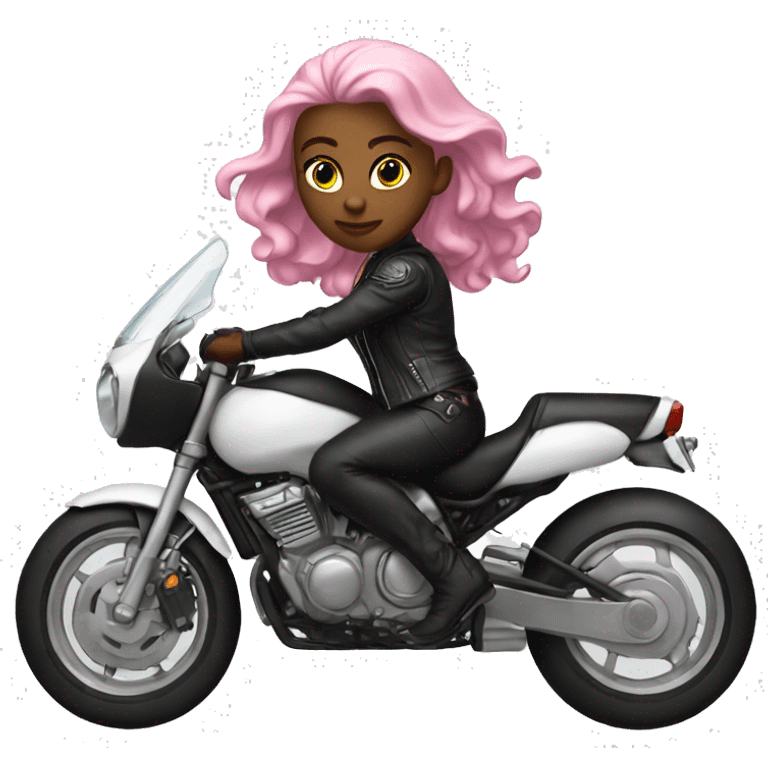 A White Goddess, with Pink Hair Riding a Motorcycle, in Black leather outfit emoji