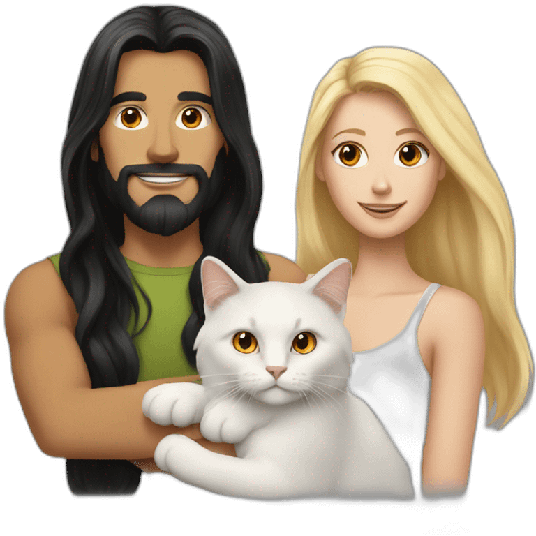 A white man with long black hair, Blonde white woman holding an orange and white cat with long hair emoji