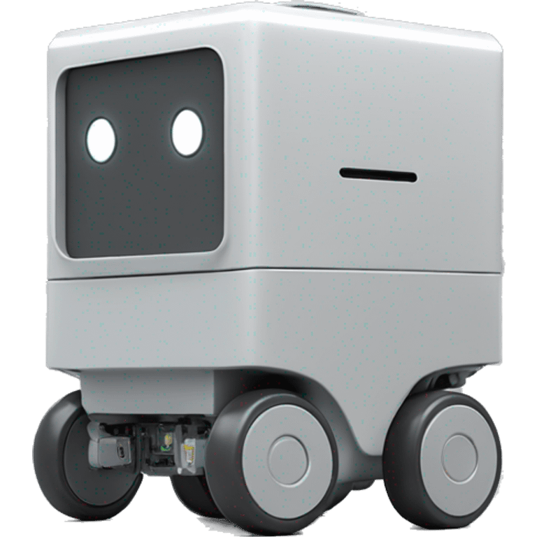 solid horizontal rectangle gray delivery robot with white circle white led eyes and opening lid on 4 wheels, minimalistic design emoji