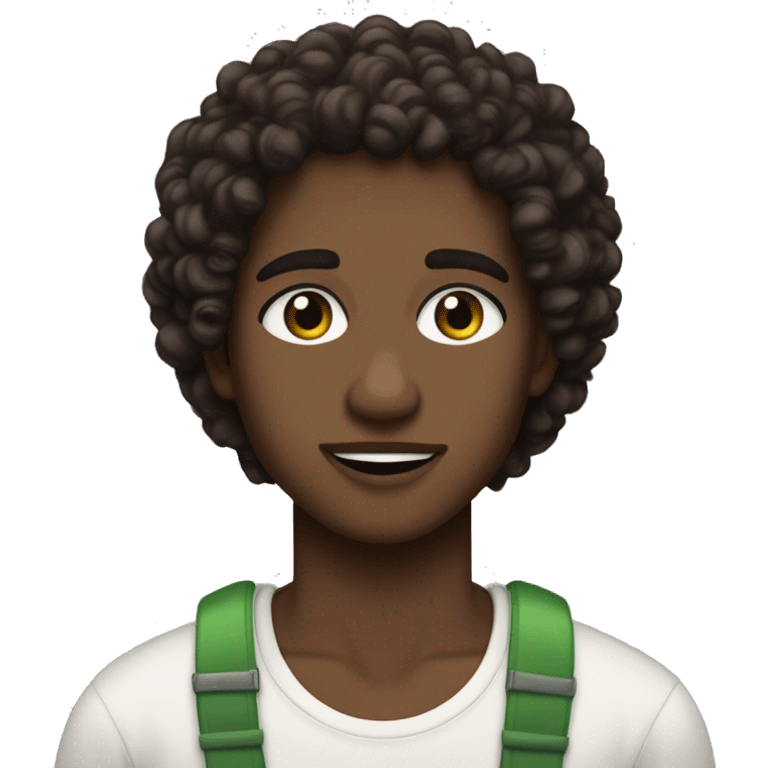 curly hair dark brown, brown eyes with a hint of green, eyes negative canthal tilt ,medium thick shaped eyebrows in dark brown, and thin lips, white face emoji