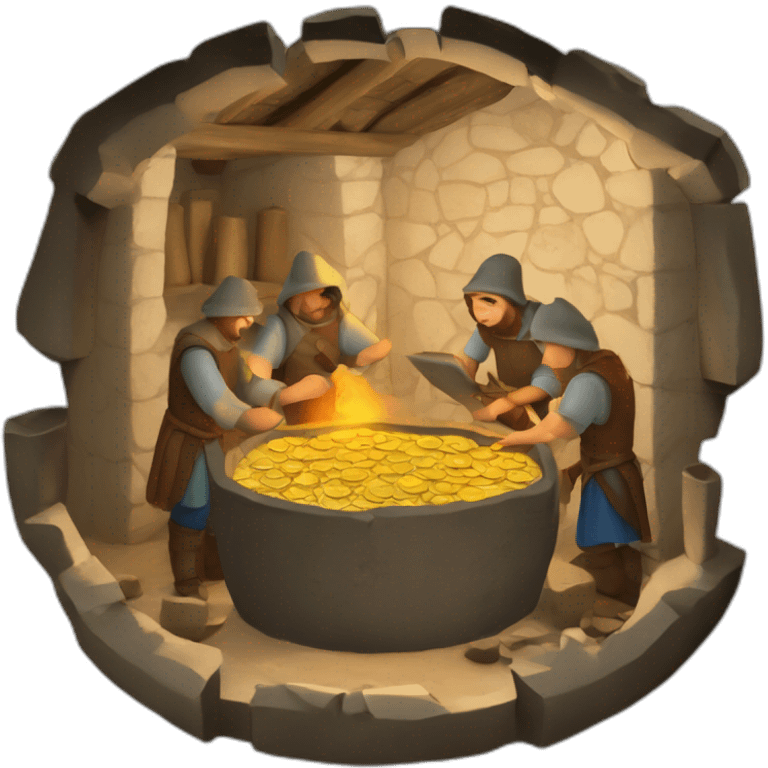 inside of a medieval mint showing different people working creating coins with a furnace emoji