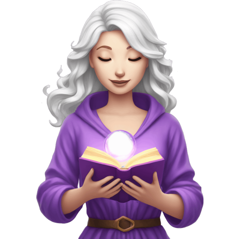 white skinned woman with magic book and unicorn and purple magic sphere emoji