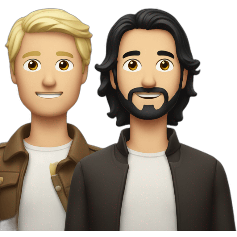 two men, one with long black hair and the other man with short blonde hair, each with a bottle of fernet emoji