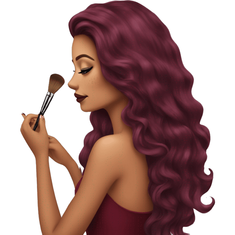 Beautiful tattooed burgundy long haired woman doing her makeup emoji