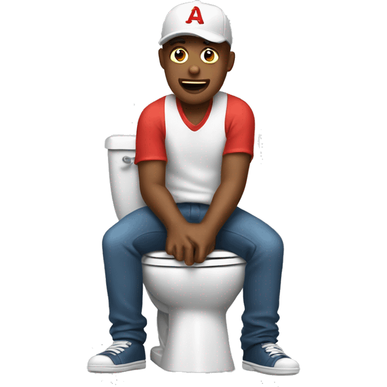 Man sitting on the toilet wearing a backwards baseball hat emoji