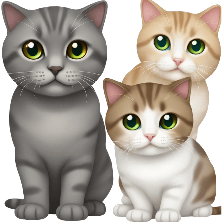 Two Scottish fold cats one cat is brown and has green eyes the other cat is white and has blue eyes and it’s smaller  emoji