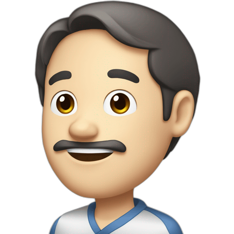 Cute dark brown-haired Japanese uncle with a smiling, thick round face, slightly droopy eyes, thin eyebrows and a large head, holding a colored brush and a graphite pencil emoji