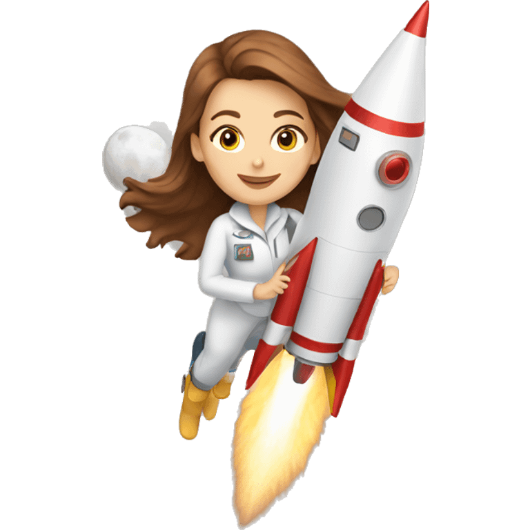 white woman brown hair riding a rocket emoji