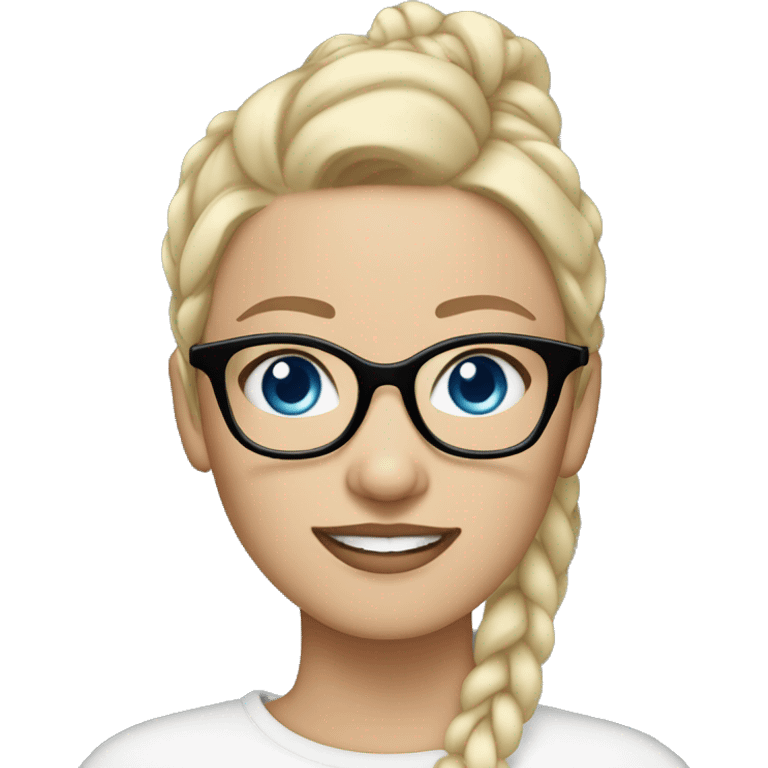 Thin White skinned blonde haired blue eyed woman with black glasses black stud earrings hair in bun emoji