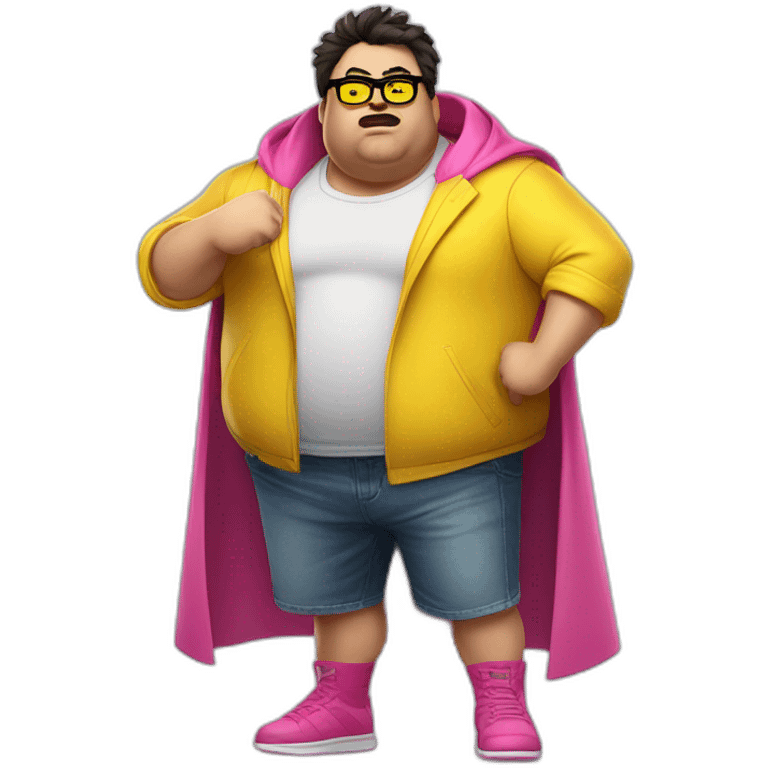 fat man with dark hair,a vibrant long yellow coat, pink glasses, short jeans shorts. Show full lenght peson, person fighting as superhero emoji